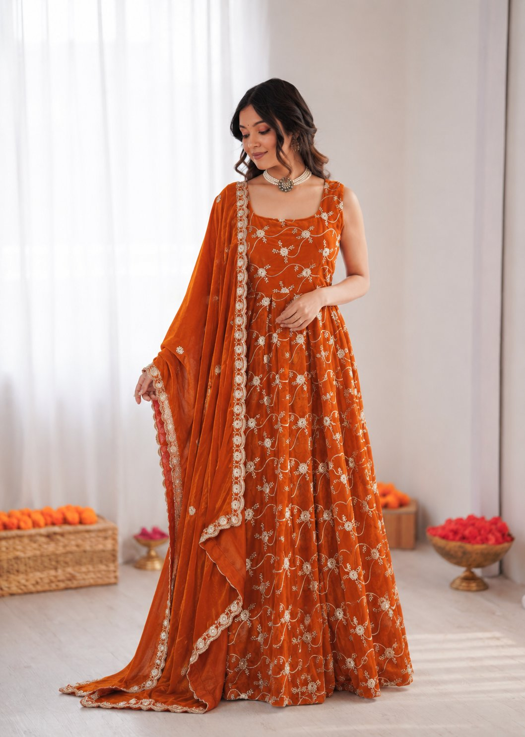 Prazu Fashion Orange Fendy Silk Thread With Sequence Anarkali Suit | Grocsy