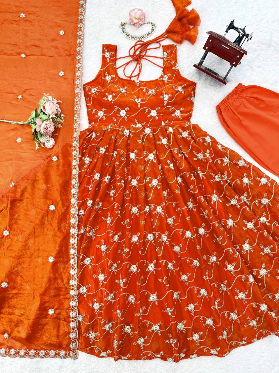 Prazu Fashion Orange Fendy Silk Thread With Sequence Anarkali Suit | Grocsy
