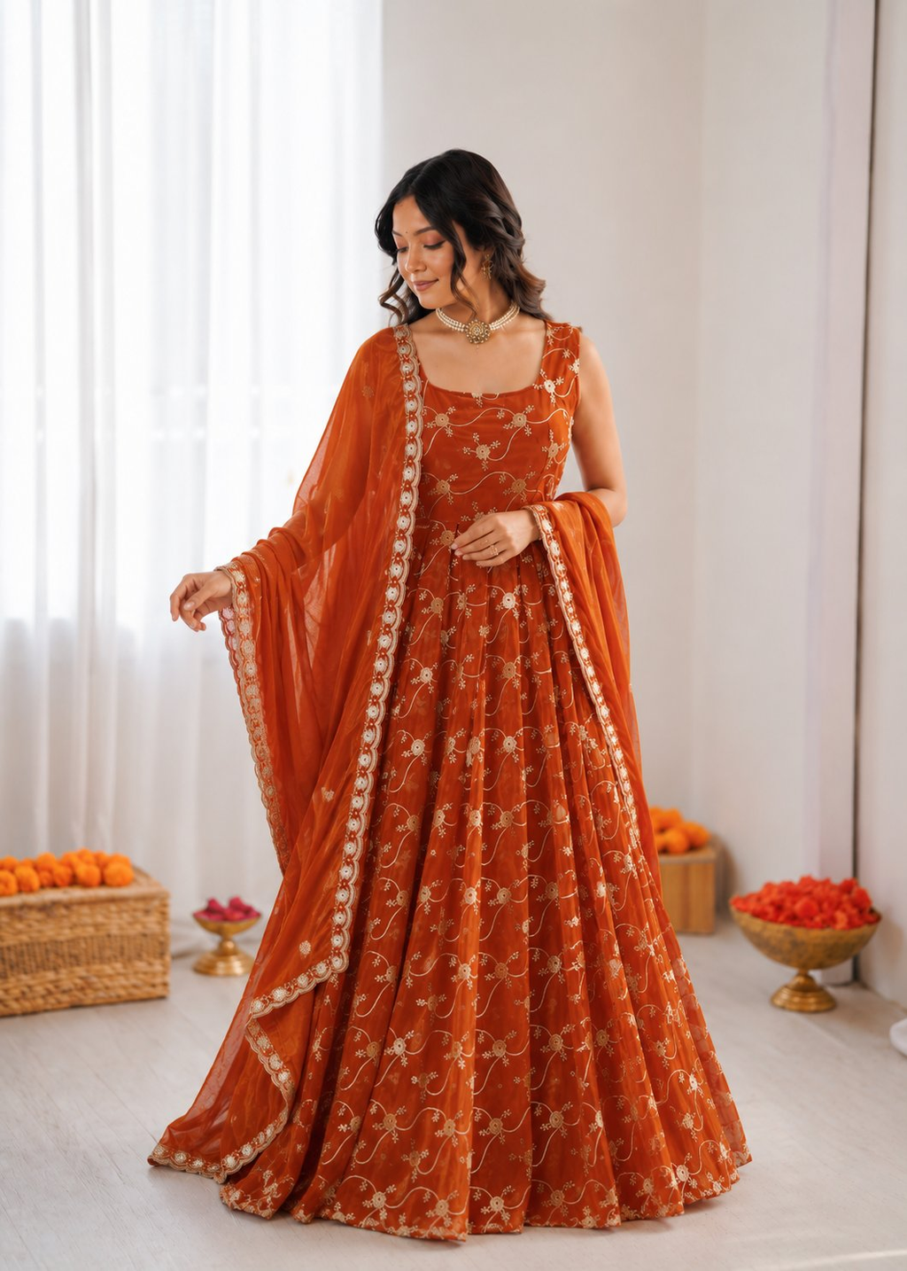 Prazu Fashion Orange Fendy Silk Thread With Sequence Anarkali Suit | Grocsy