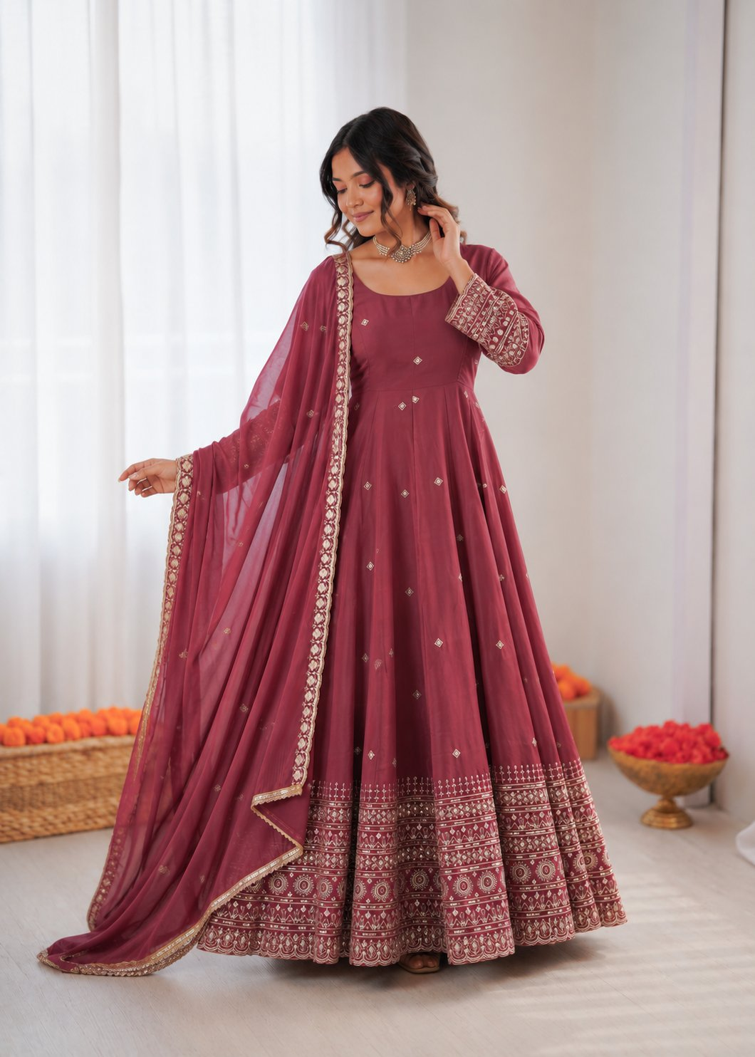 Prazu Fashion Onion Pink Chanderi Silk Thread With Sequence Anarkali Suit | Grocsy
