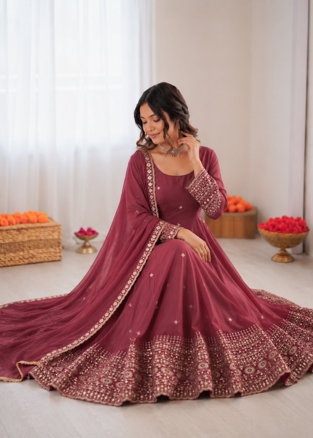 Prazu Fashion Onion Pink Chanderi Silk Thread With Sequence Anarkali Suit | Grocsy