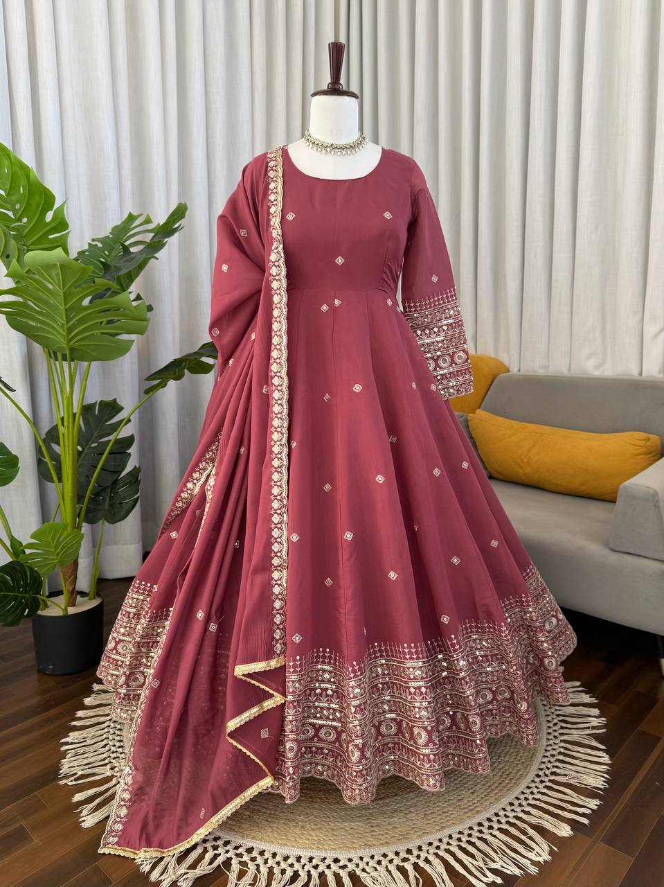 Prazu Fashion Onion Pink Chanderi Silk Thread With Sequence Anarkali Suit | Grocsy