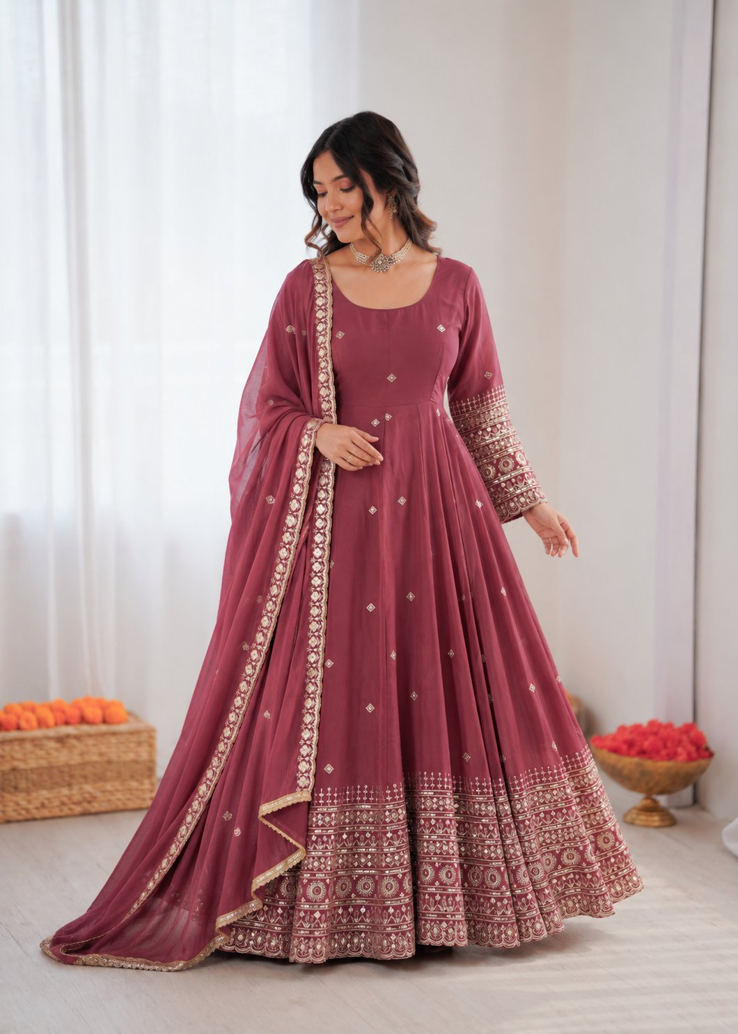 Prazu Fashion Onion Pink Chanderi Silk Thread With Sequence Anarkali Suit | Grocsy