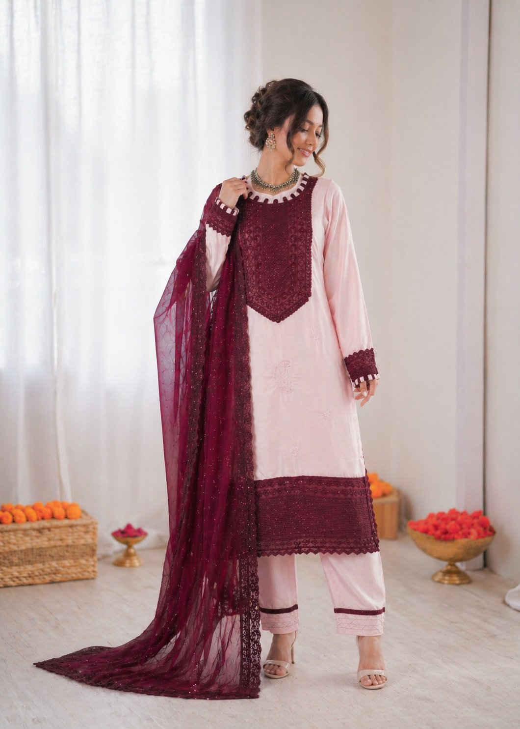Prazu Fashion Baby Pink Crepe Thread With Sequence Salwar Suit | Grocsy