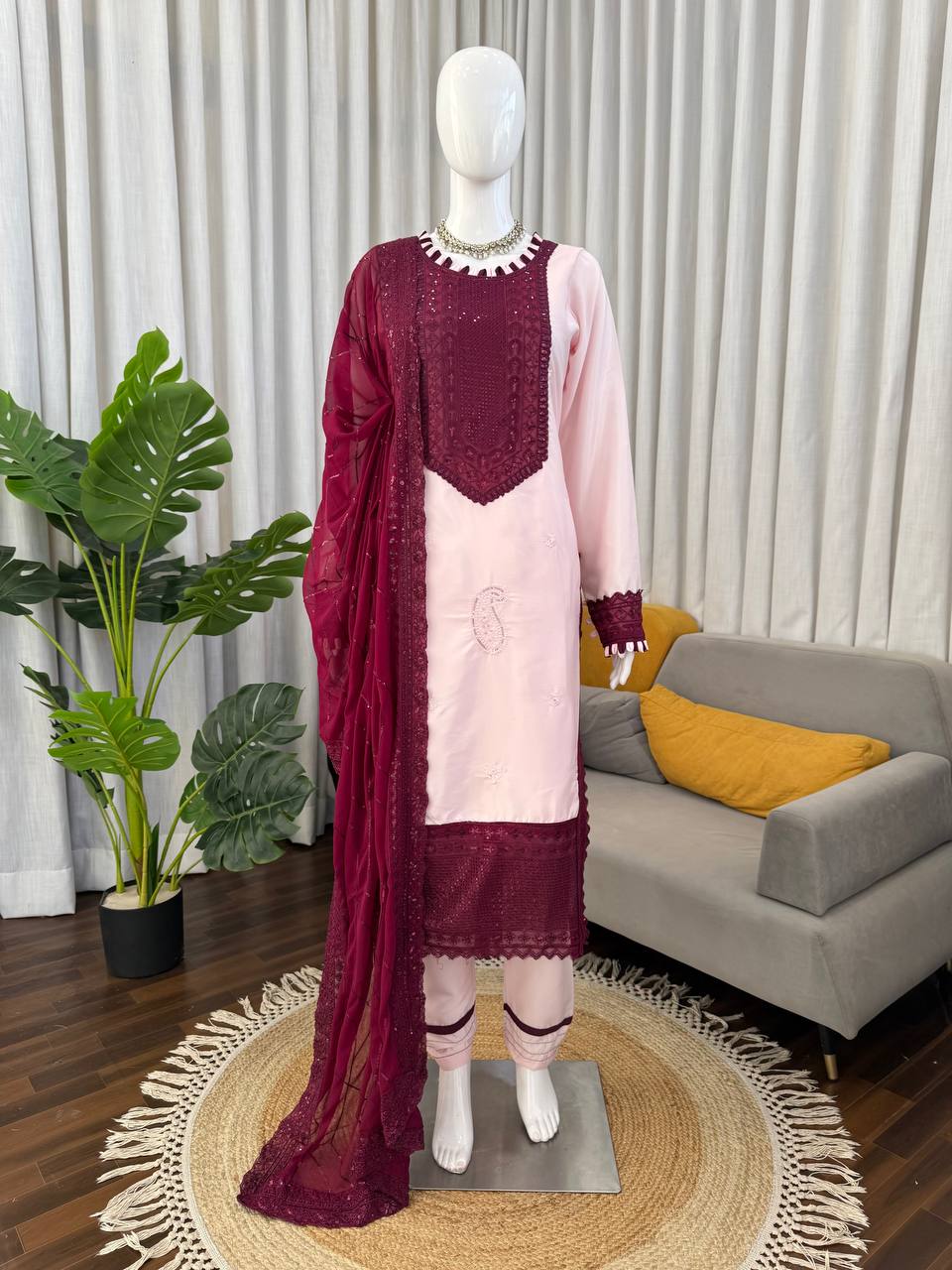 Prazu Fashion Baby Pink Crepe Thread With Sequence Salwar Suit | Grocsy