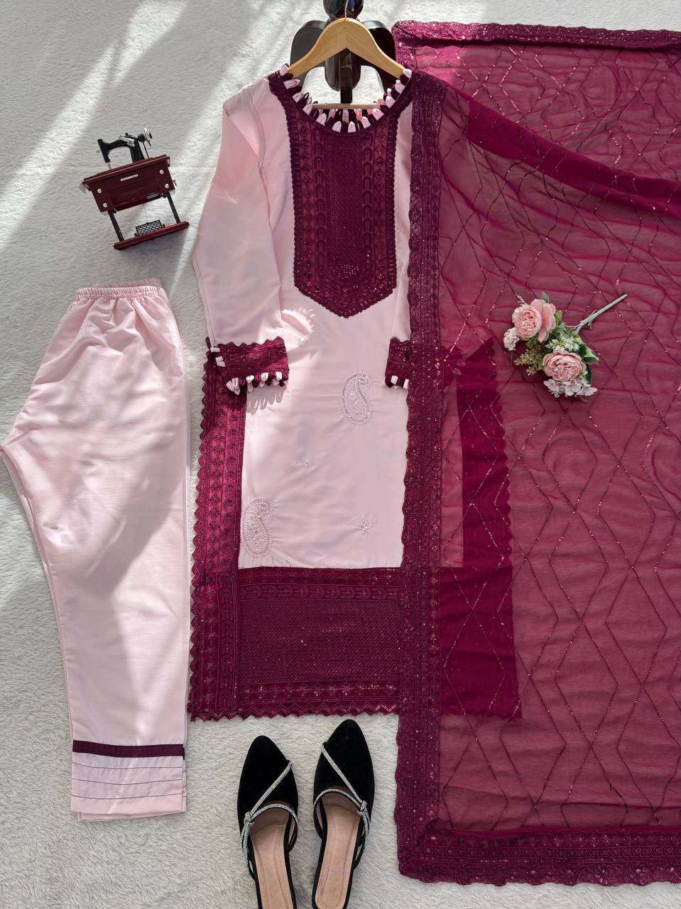 Prazu Fashion Baby Pink Crepe Thread With Sequence Salwar Suit | Grocsy
