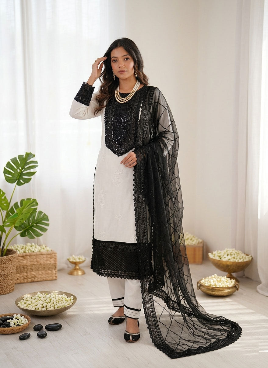 Prazu Fashion Off White Crepe Thread With Sequence Salwar Suit | Grocsy