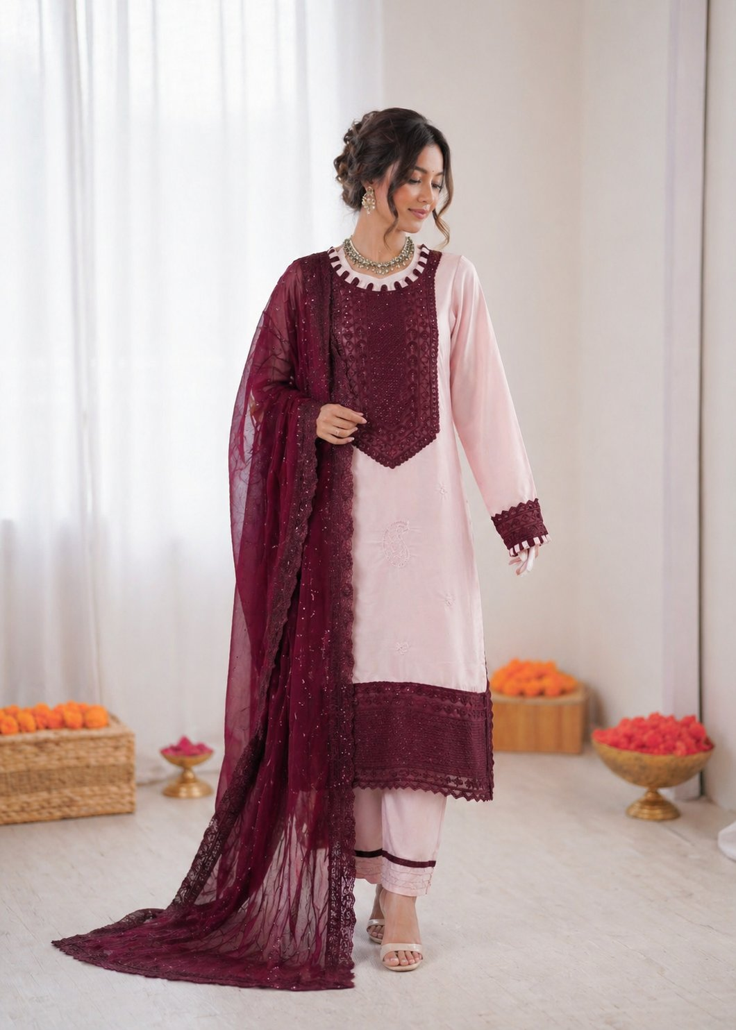 Prazu Fashion Baby Pink Crepe Thread With Sequence Salwar Suit | Grocsy