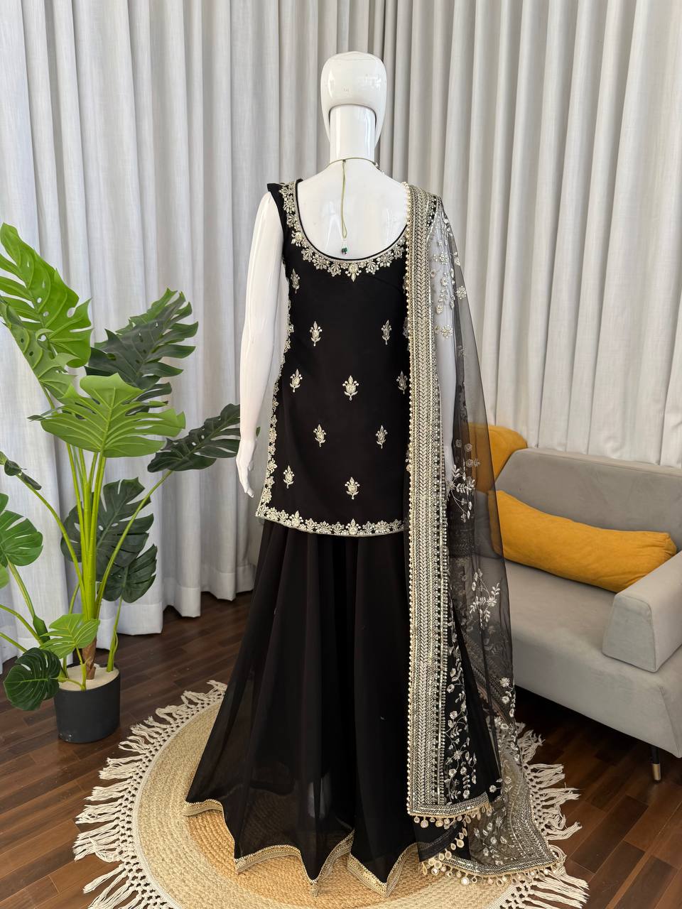 Prazu Fashion Black Georgette Thread With Sequence Designer Palazzo Suit | Grocsy