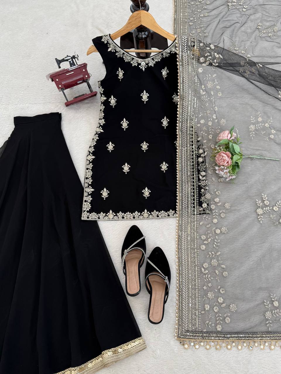 Prazu Fashion Black Georgette Thread With Sequence Designer Palazzo Suit | Grocsy