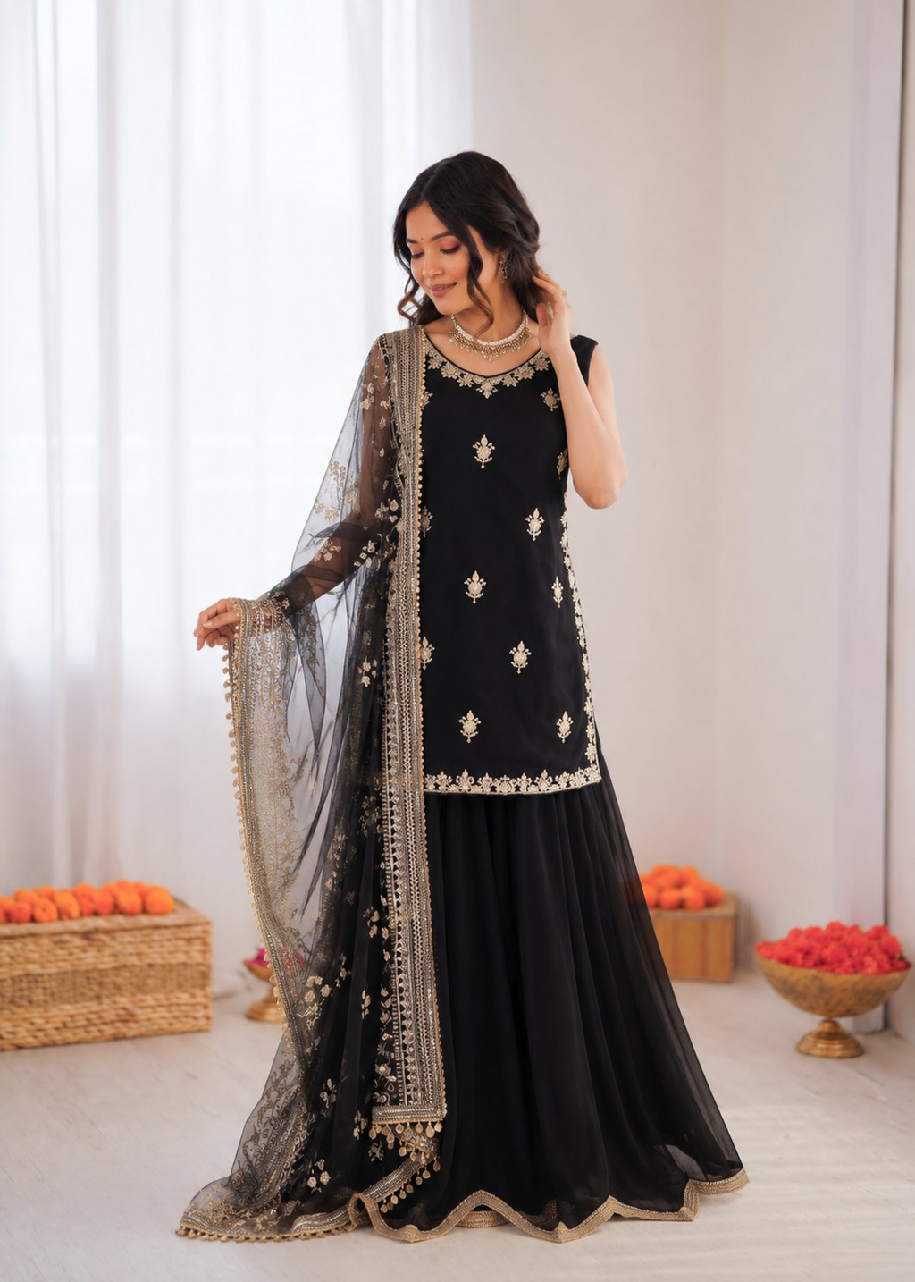 Prazu Fashion Black Georgette Thread With Sequence Designer Palazzo Suit | Grocsy