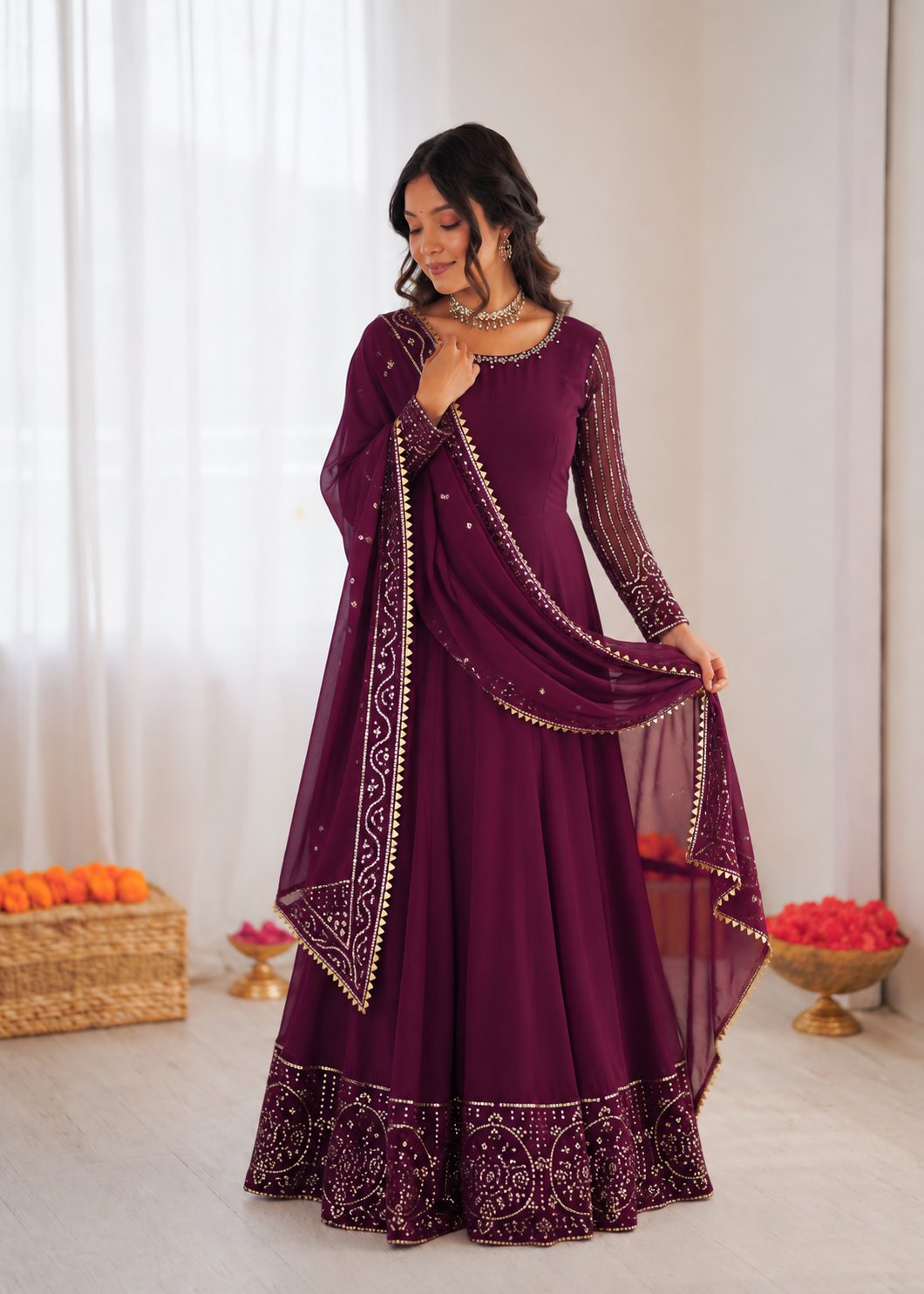 Prazu Fashion Wine Georgette Thread With Sequence Designer Anarkali Suit | Grocsy