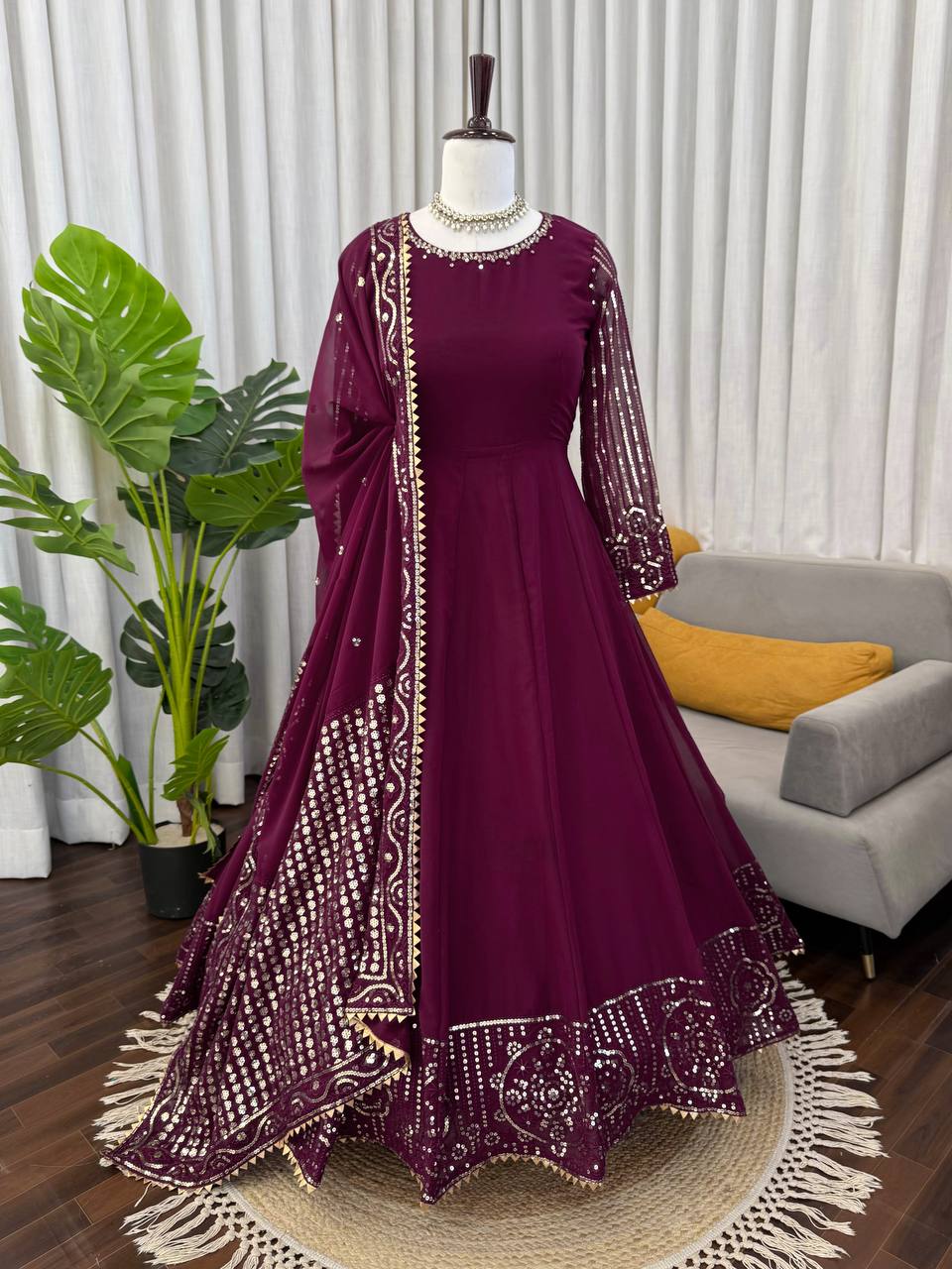 Prazu Fashion Wine Georgette Thread With Sequence Designer Anarkali Suit | Grocsy