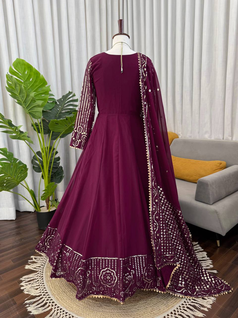 Prazu Fashion Wine Georgette Thread With Sequence Designer Anarkali Suit | Grocsy