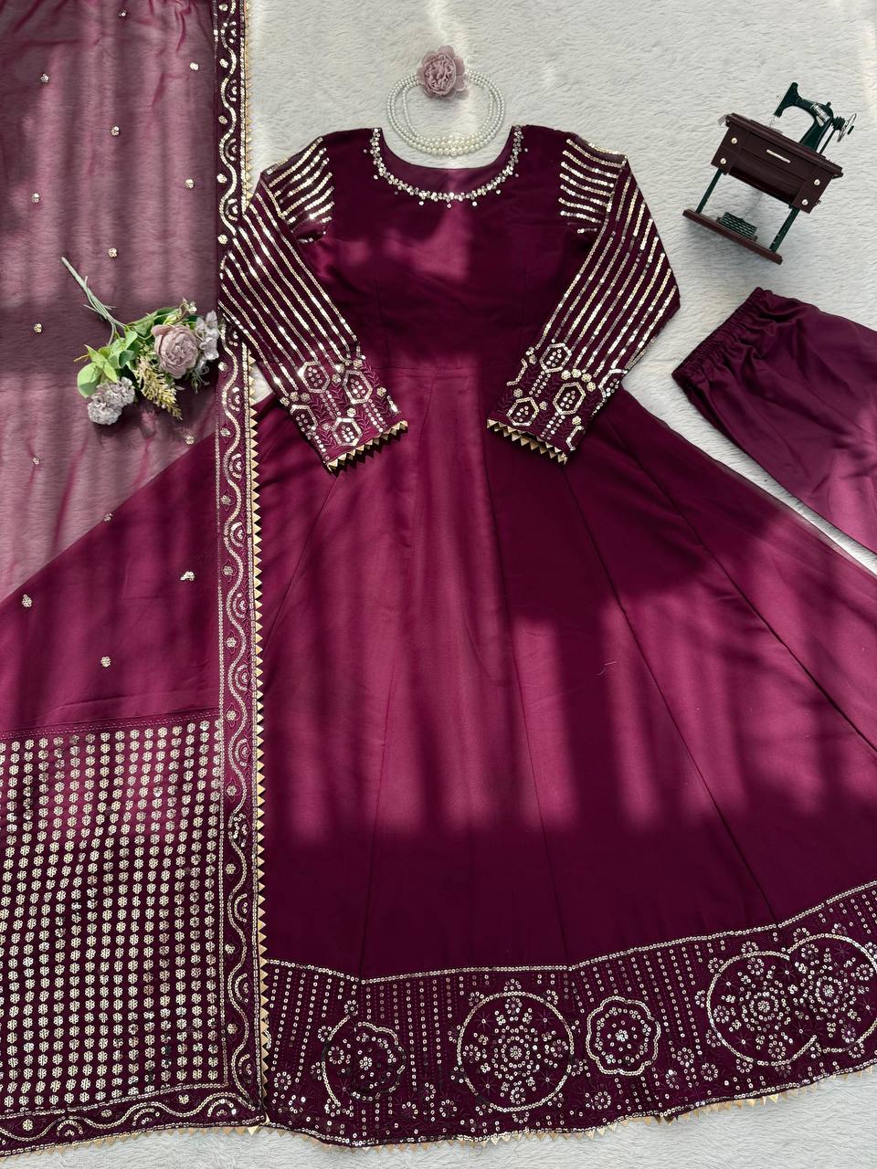 Prazu Fashion Wine Georgette Thread With Sequence Designer Anarkali Suit | Grocsy