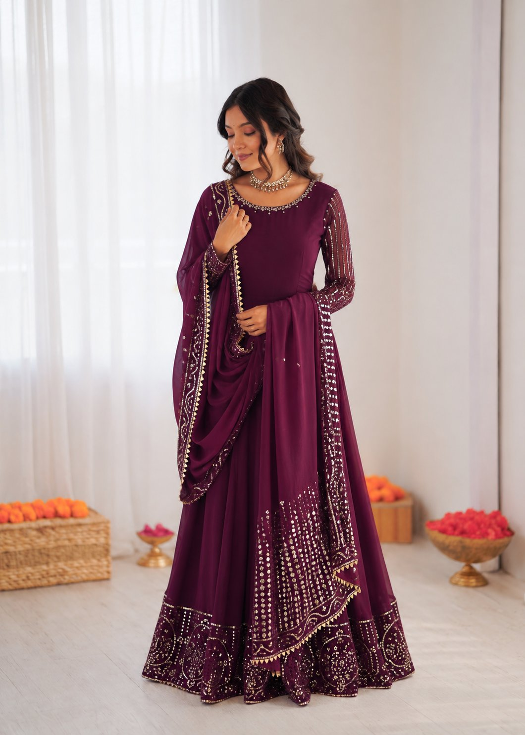 Prazu Fashion Wine Georgette Thread With Sequence Designer Anarkali Suit | Grocsy