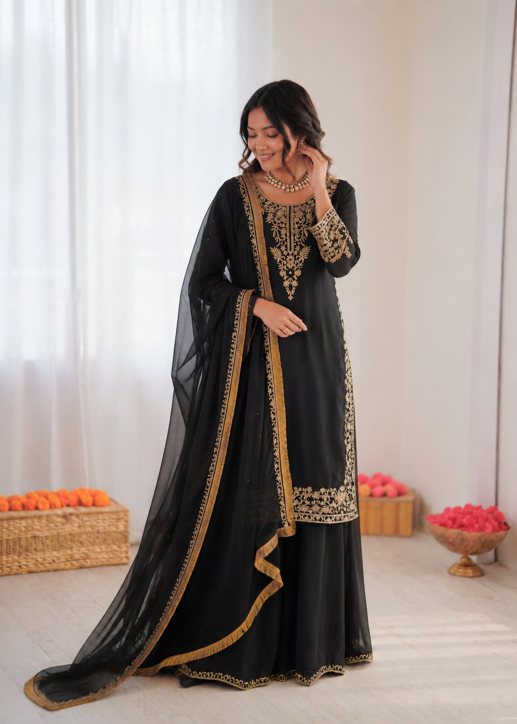 Prazu Fashion Black Georgette Thread With Sequence Designer Palazzo Suit | Grocsy