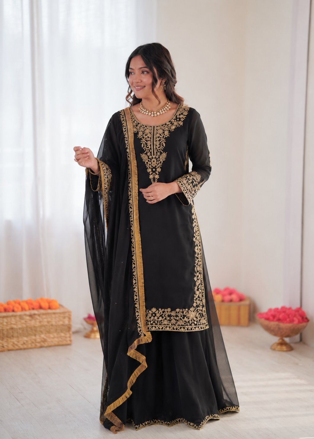 Prazu Fashion Black Georgette Thread With Sequence Designer Palazzo Suit | Grocsy