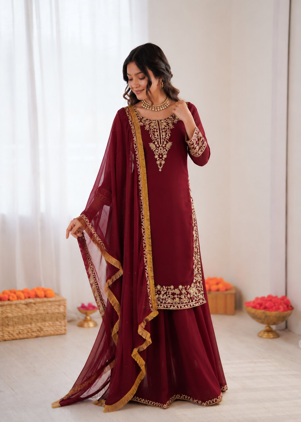 Prazu Fashion Maroon Georgette Thread With Sequence Designer Palazzo Suit | Grocsy
