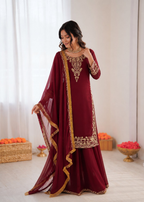 Prazu Fashion Maroon Georgette Thread With Sequence Designer Palazzo Suit | Grocsy