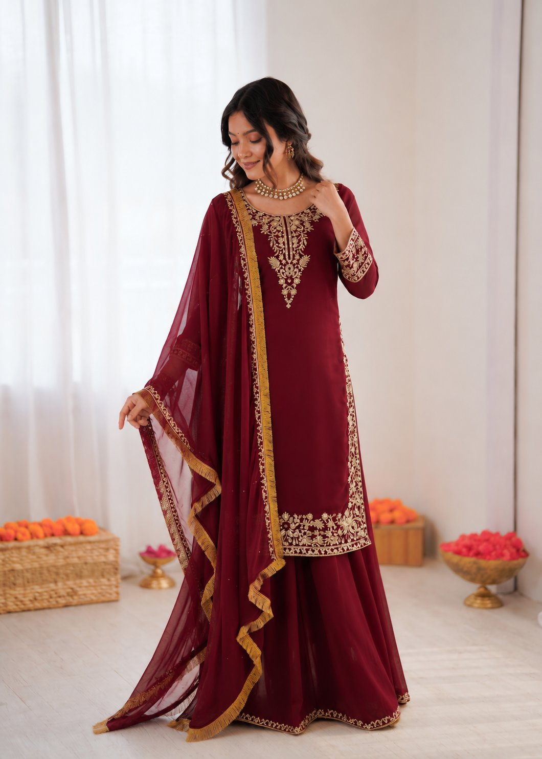 Prazu Fashion Maroon Georgette Thread With Sequence Designer Palazzo Suit | Grocsy