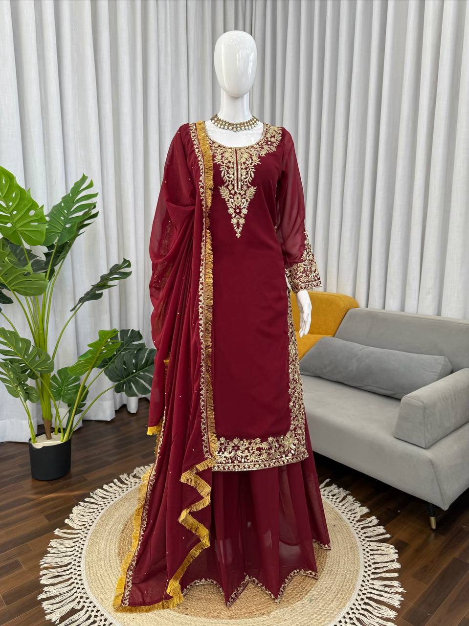 Prazu Fashion Maroon Georgette Thread With Sequence Designer Palazzo Suit | Grocsy