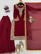 Prazu Fashion Maroon Georgette Thread With Sequence Designer Palazzo Suit | Grocsy