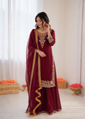 Prazu Fashion Maroon Georgette Thread With Sequence Designer Palazzo Suit | Grocsy