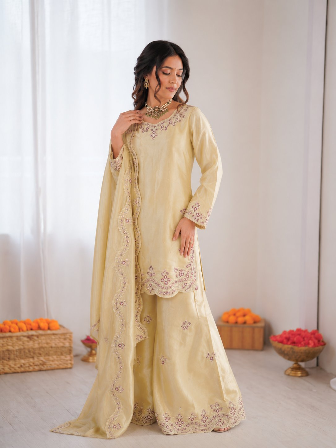 Prazu Fashion Cream Art Sillk Thead Work Designer Palazzo Suit | Grocsy