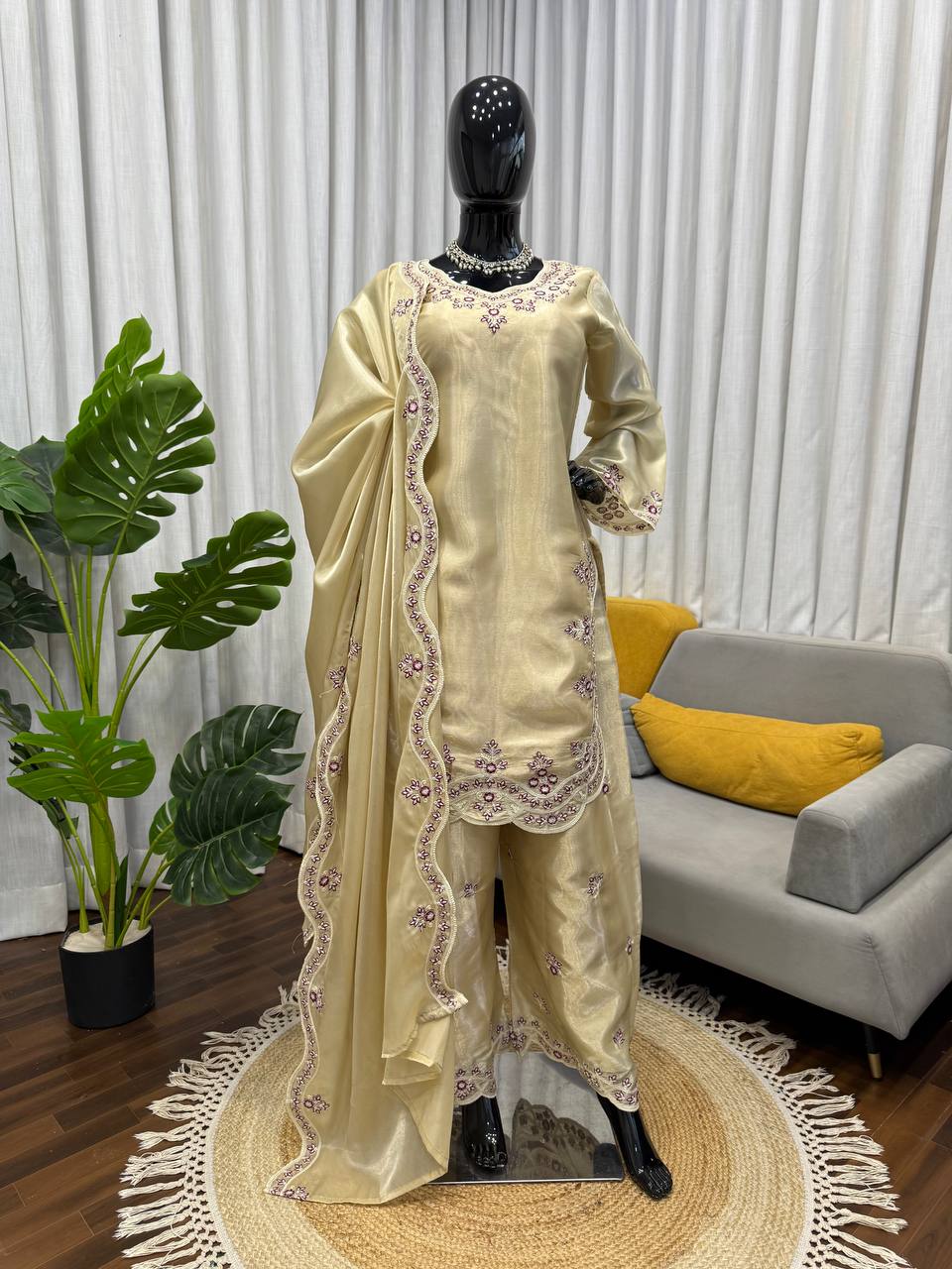 Prazu Fashion Cream Art Sillk Thead Work Designer Palazzo Suit | Grocsy