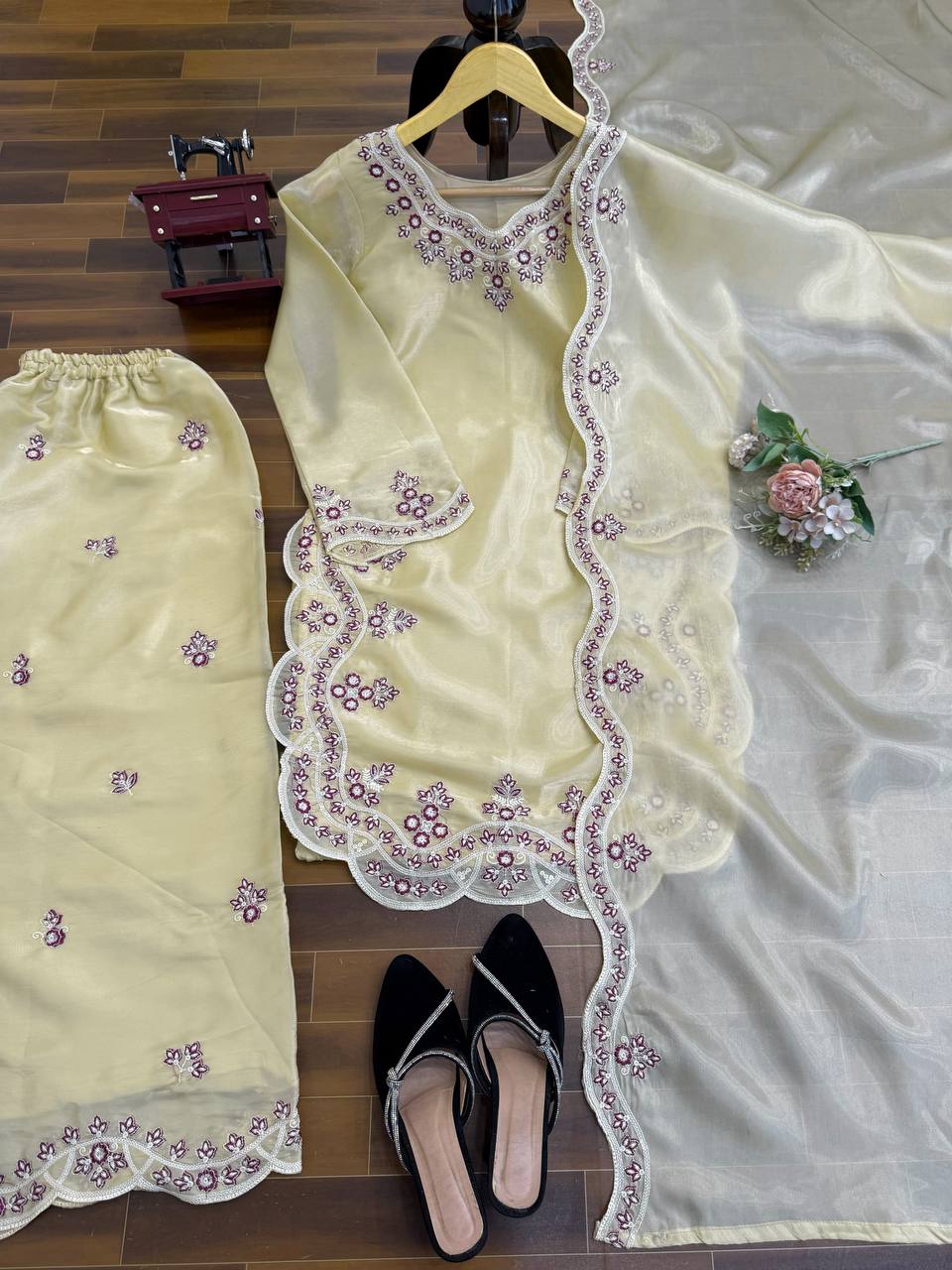 Prazu Fashion Cream Art Sillk Thead Work Designer Palazzo Suit | Grocsy