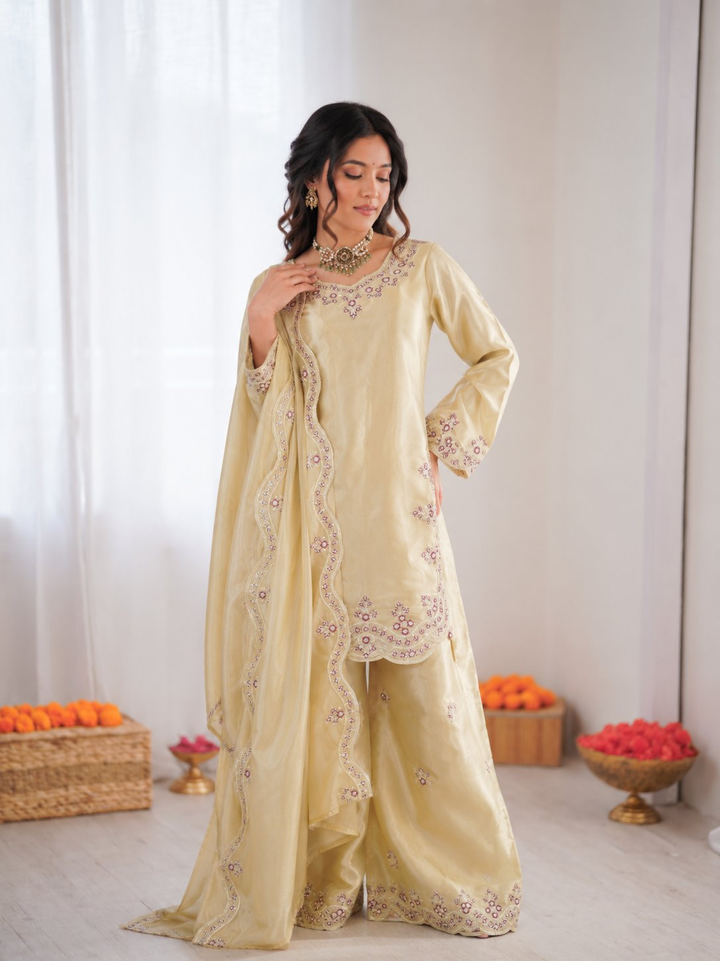 Prazu Fashion Cream Art Sillk Thead Work Designer Palazzo Suit | Grocsy