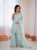 Prazu Fashion Light Sky Blue Art Sillk Thead Work Designer Palazzo Suit | Grocsy