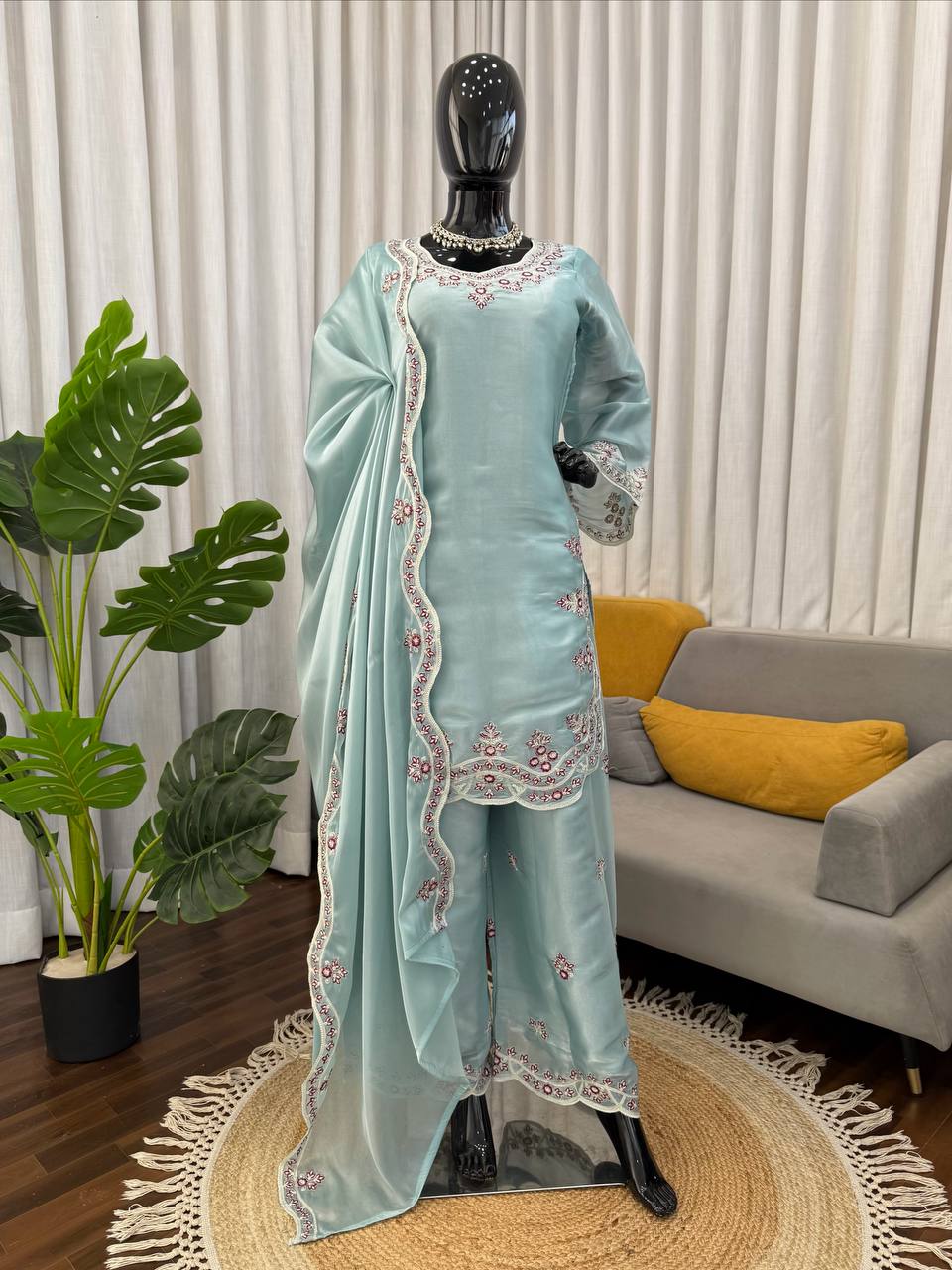 Prazu Fashion Light Sky Blue Art Sillk Thead Work Designer Palazzo Suit | Grocsy