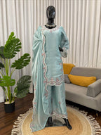 Prazu Fashion Light Sky Blue Art Sillk Thead Work Designer Palazzo Suit | Grocsy