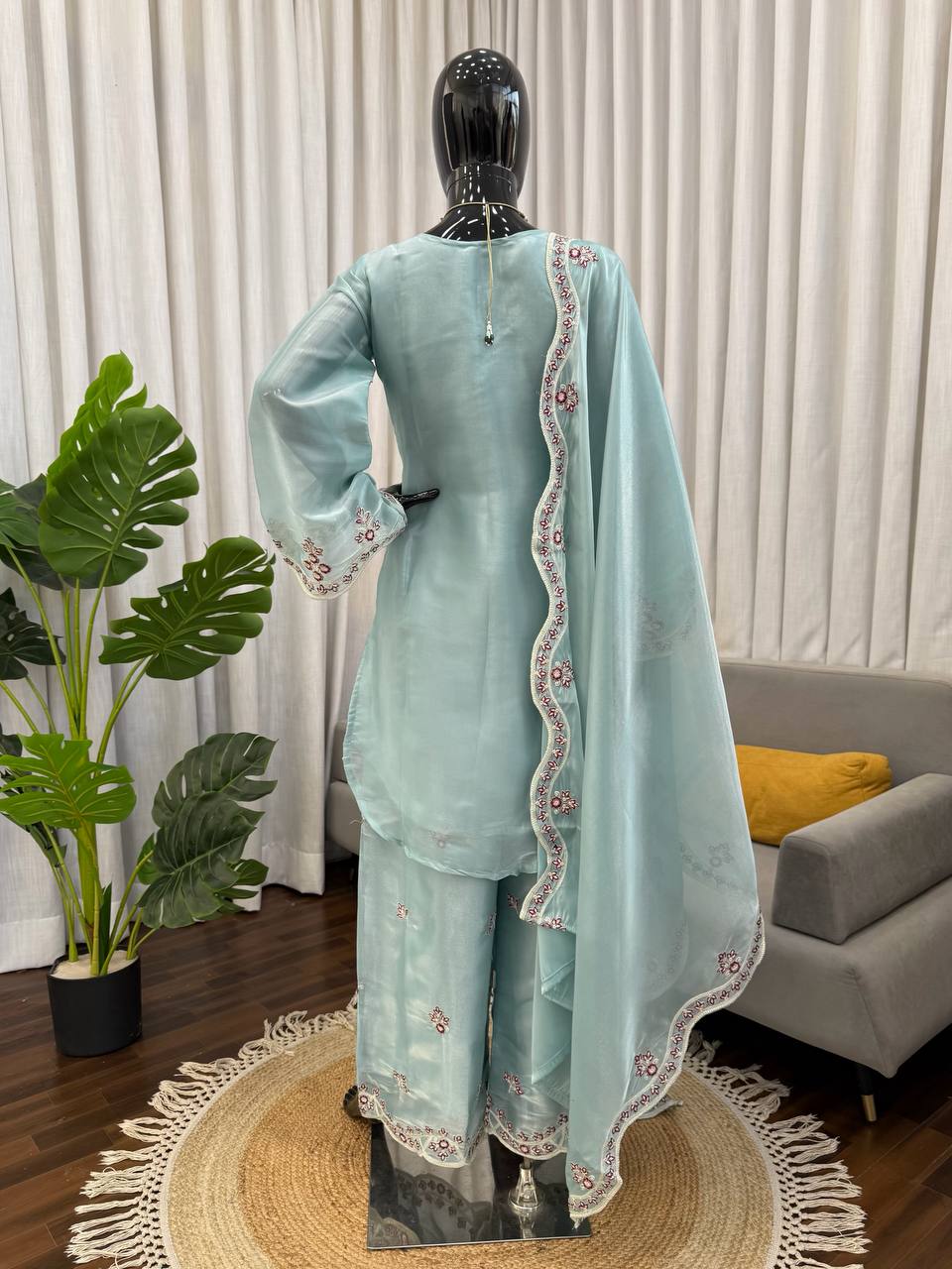 Prazu Fashion Light Sky Blue Art Sillk Thead Work Designer Palazzo Suit | Grocsy
