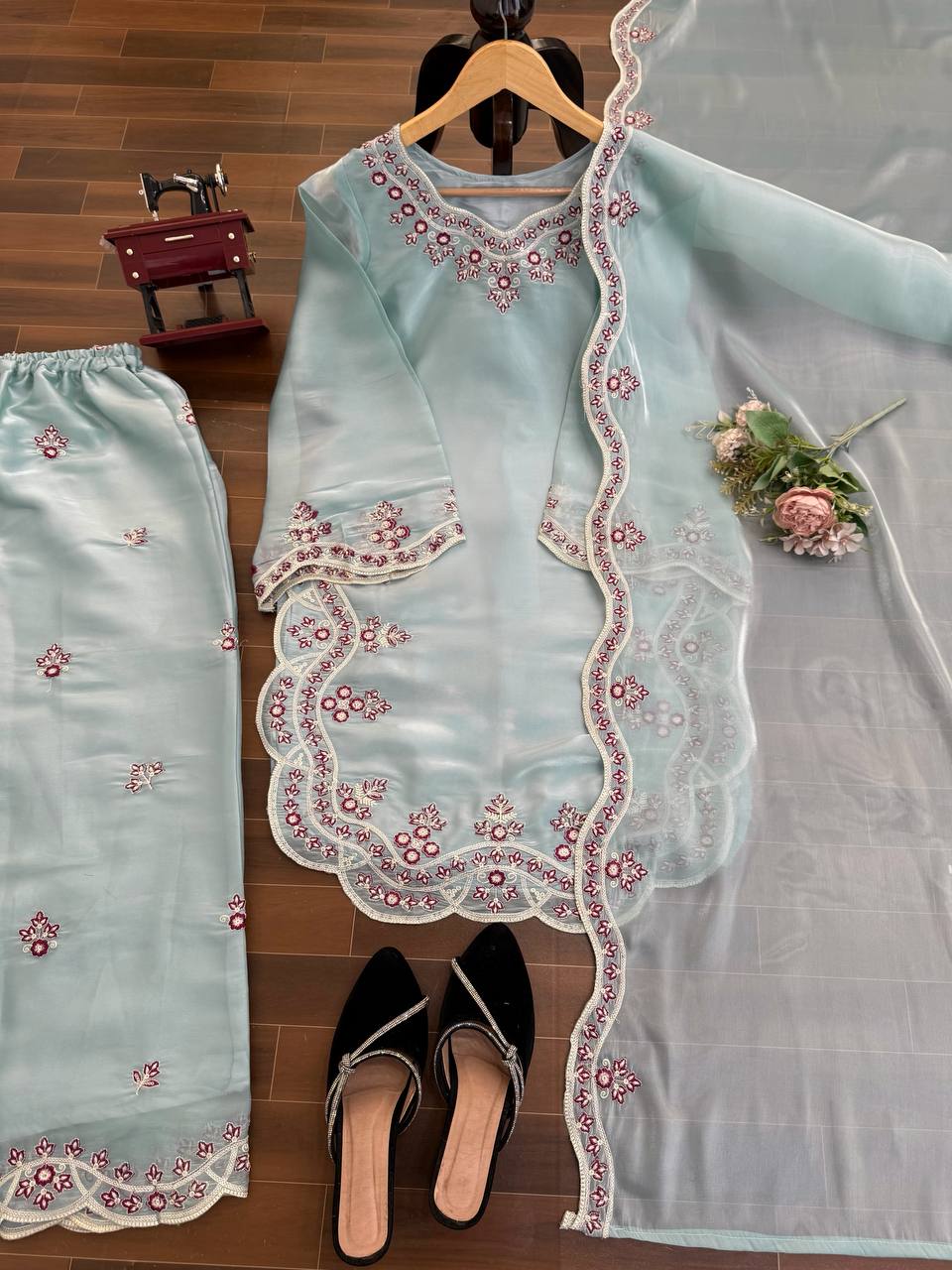 Prazu Fashion Light Sky Blue Art Sillk Thead Work Designer Palazzo Suit | Grocsy