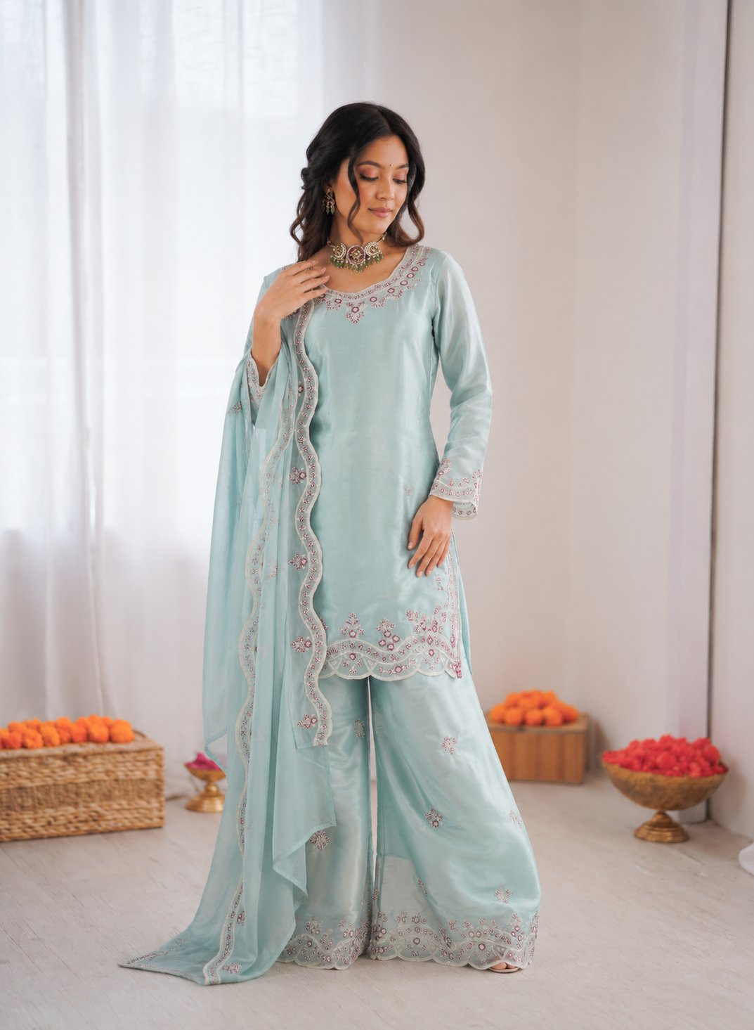 Prazu Fashion Light Sky Blue Art Sillk Thead Work Designer Palazzo Suit | Grocsy