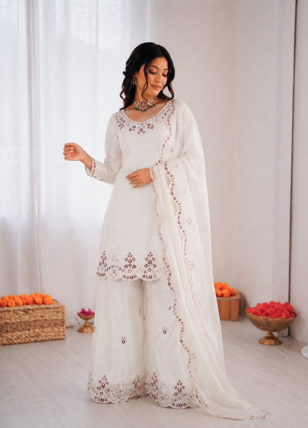 Prazu Fashion Off White Art Sillk Thead Work Designer Palazzo Suit | Grocsy