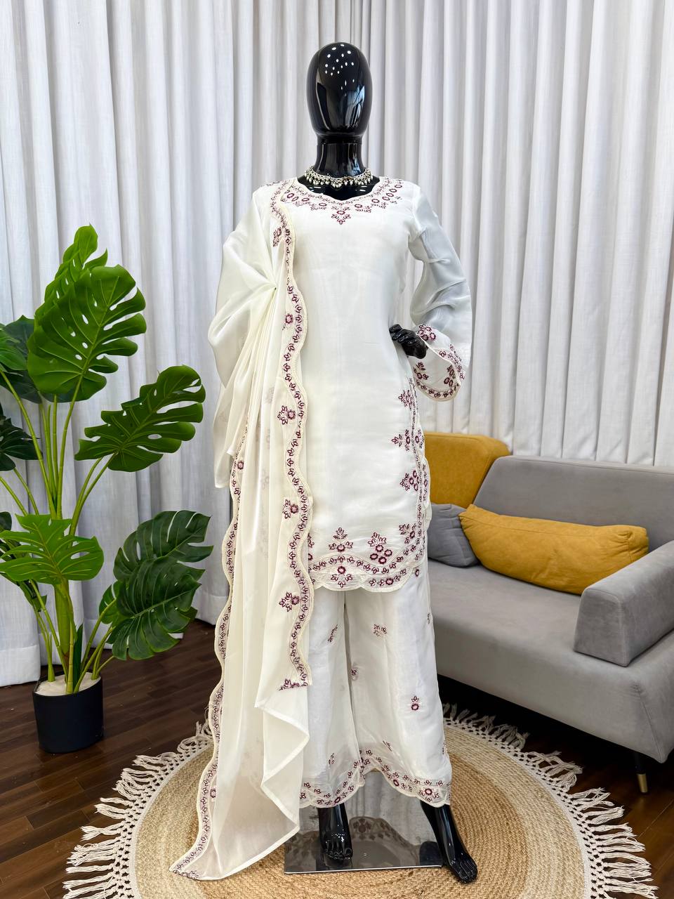 Prazu Fashion Off White Art Sillk Thead Work Designer Palazzo Suit | Grocsy
