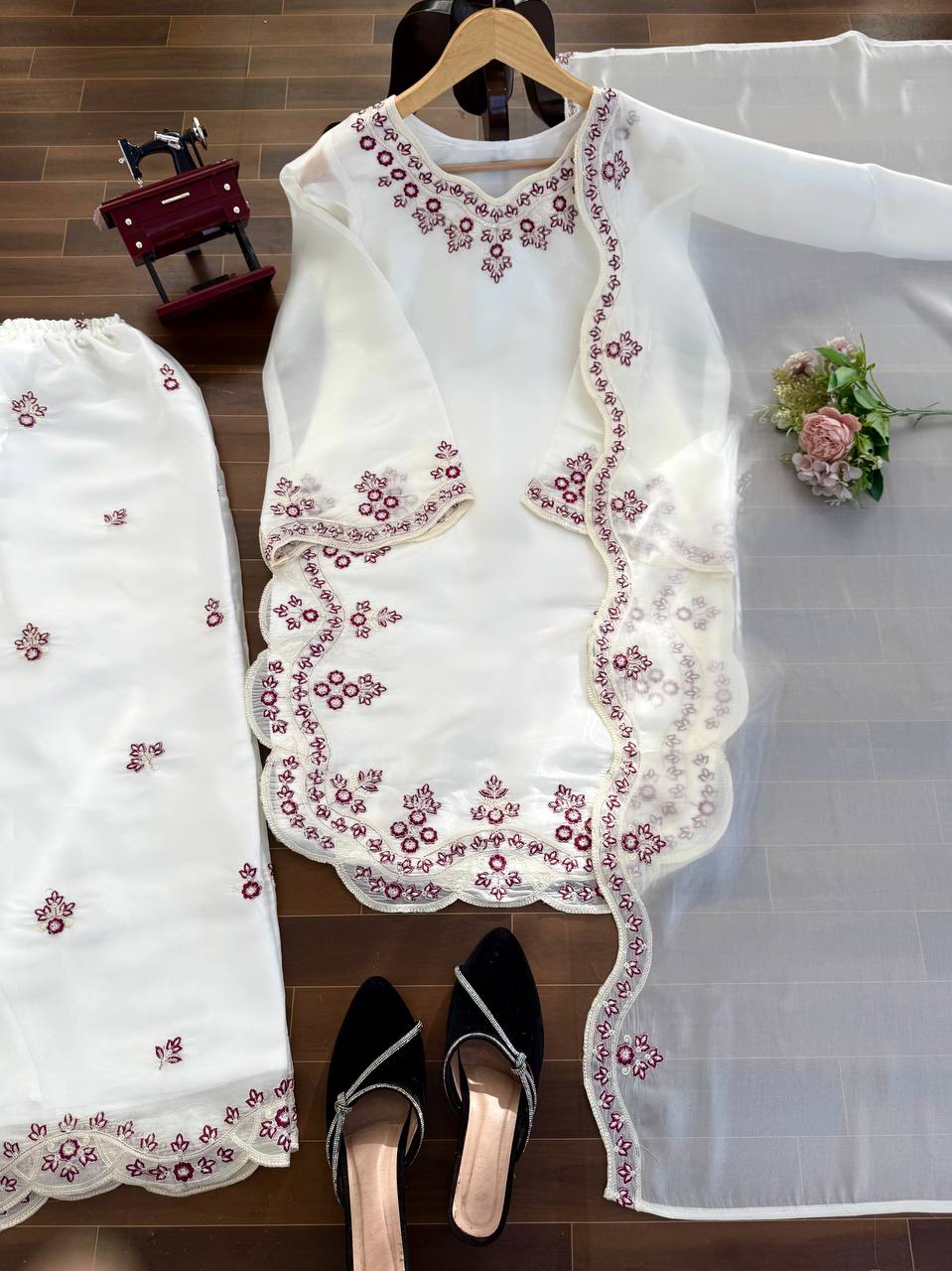 Prazu Fashion Off White Art Sillk Thead Work Designer Palazzo Suit | Grocsy