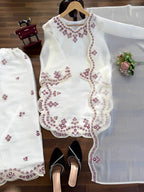Prazu Fashion Off White Art Sillk Thead Work Designer Palazzo Suit | Grocsy