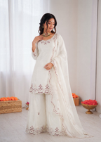 Prazu Fashion Off White Art Sillk Thead Work Designer Palazzo Suit | Grocsy