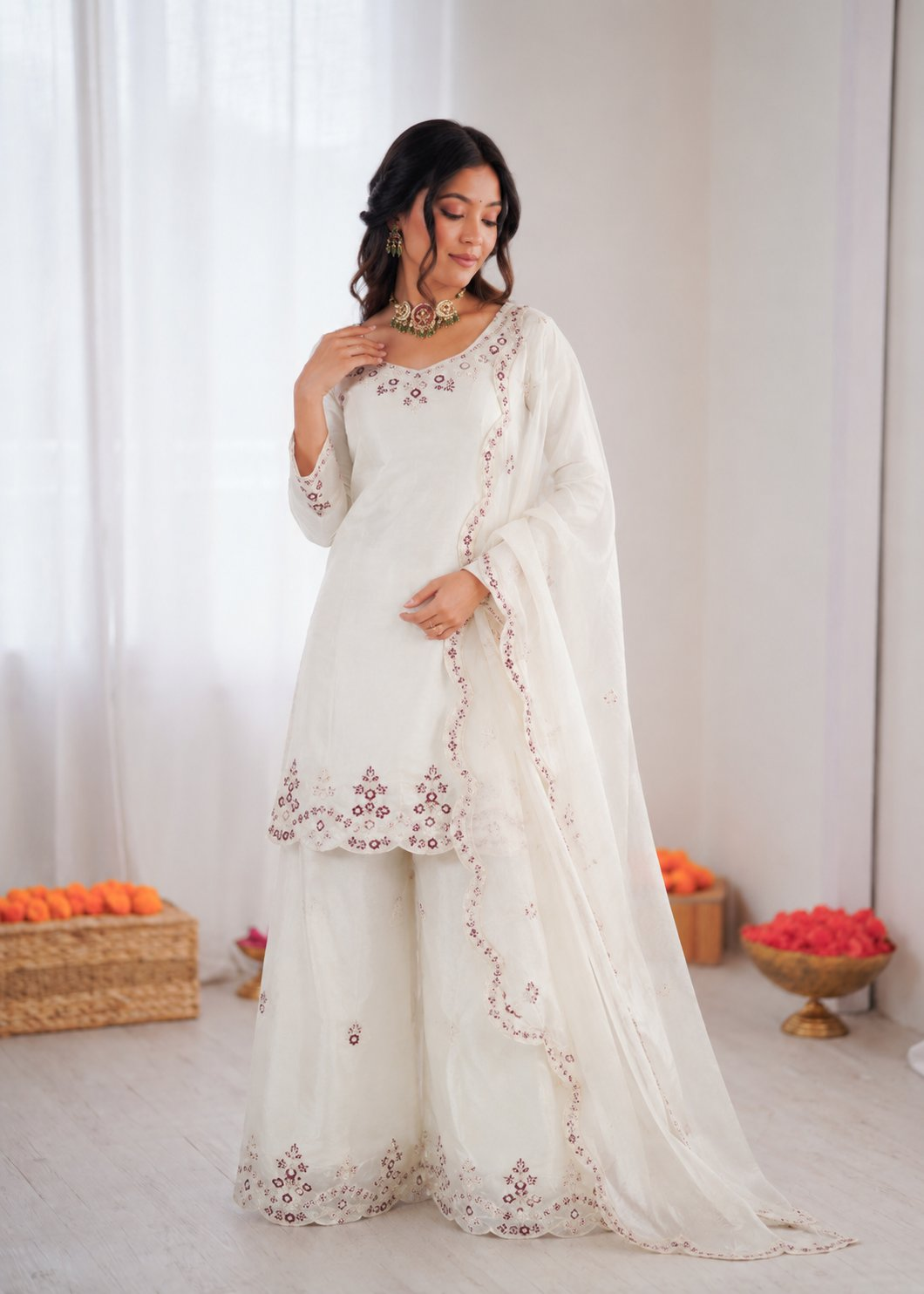 Prazu Fashion Off White Art Sillk Thead Work Designer Palazzo Suit | Grocsy