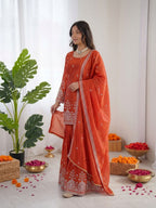 Prazu Fashion Rust Orange Art Silk Thread With Sequence Designer Sharara Suit | Grocsy