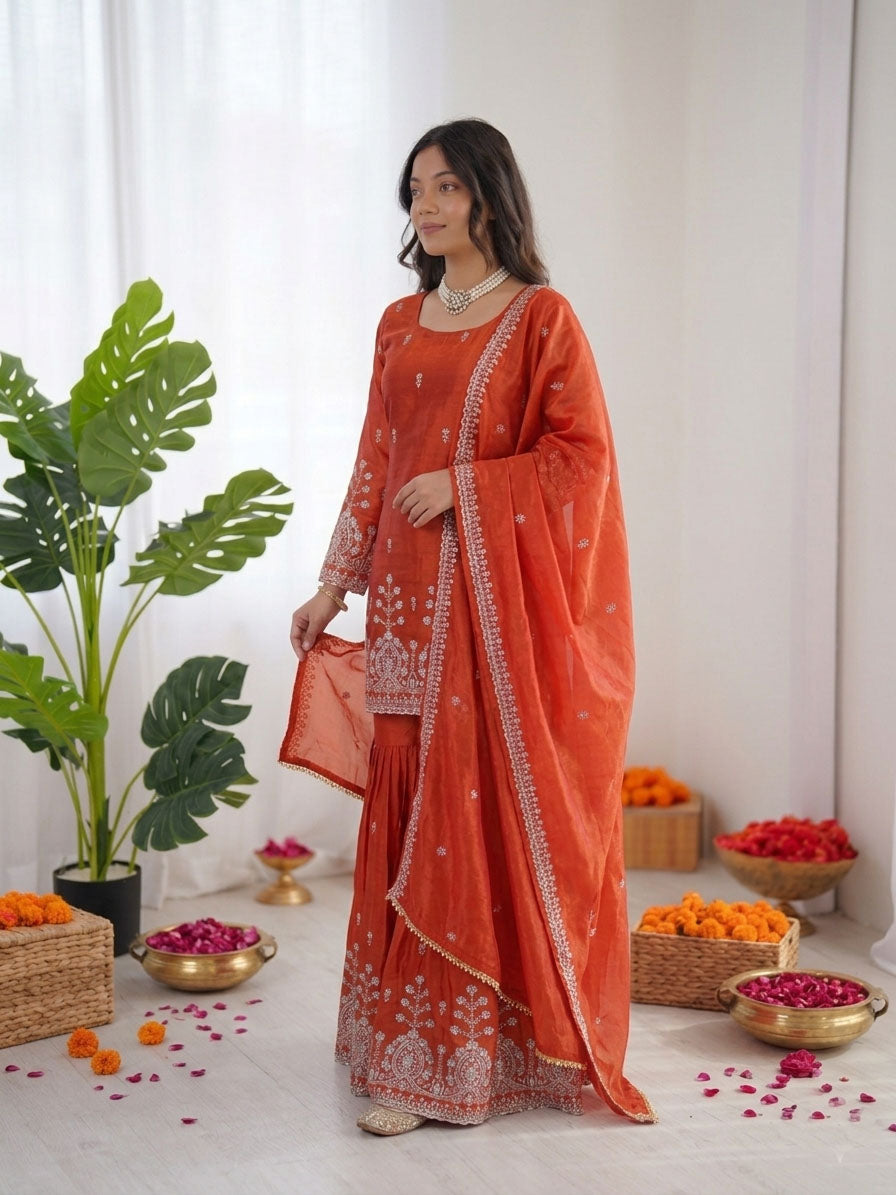 Prazu Fashion Rust Orange Art Silk Thread With Sequence Designer Sharara Suit | Grocsy