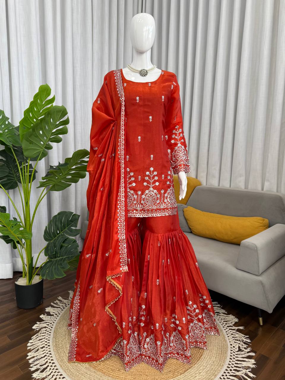 Prazu Fashion Rust Orange Art Silk Thread With Sequence Designer Sharara Suit | Grocsy