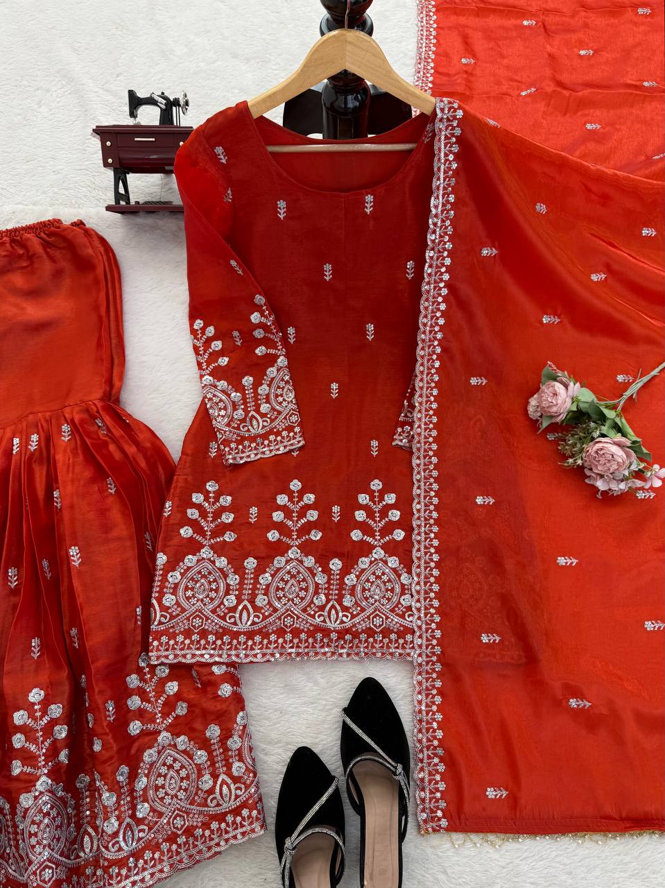 Prazu Fashion Rust Orange Art Silk Thread With Sequence Designer Sharara Suit | Grocsy