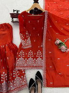Prazu Fashion Rust Orange Art Silk Thread With Sequence Designer Sharara Suit | Grocsy
