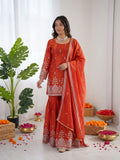 Prazu Fashion Rust Orange Art Silk Thread With Sequence Designer Sharara Suit | Grocsy